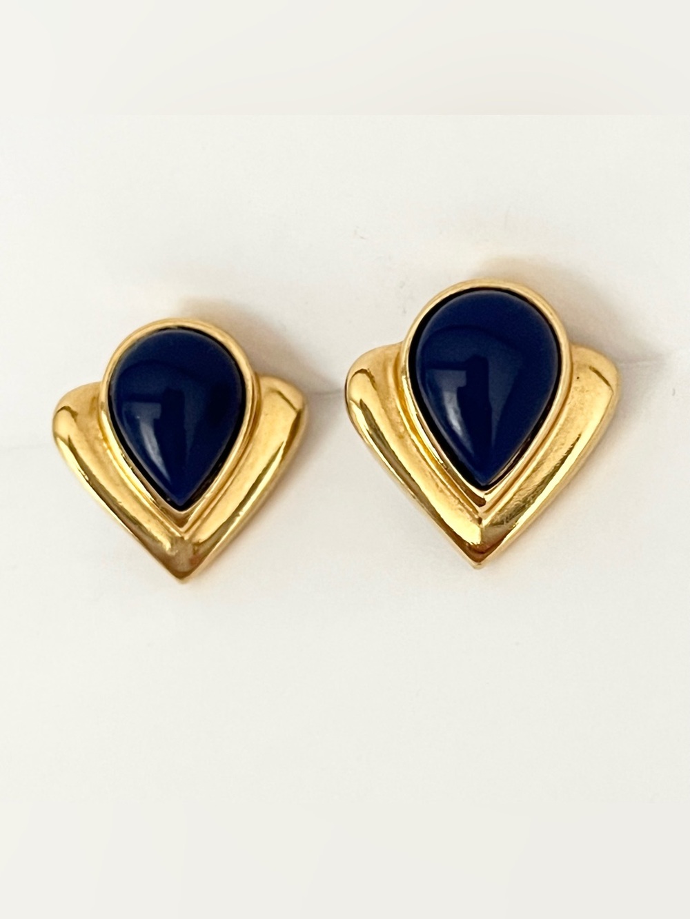 Vintage Gold Tone Earrings Cobalt Blue Teardrop Pierced Ears Retro Art Deco Chic